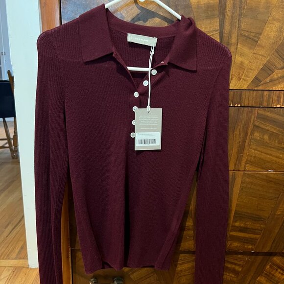 NWT Everlane The Ultrafine Merino Ribbed Long-Sleeved Polo (Burgundy) - Picture 2 of 3